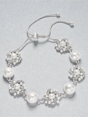 New Silver-Tone Pavé & Imitation Pearl Cluster Slider Bracelet